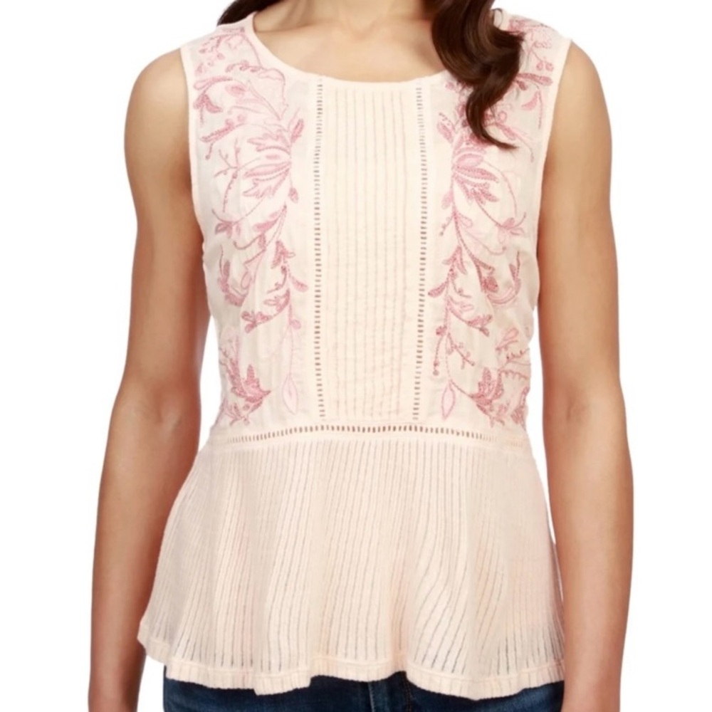 Lucky Brand Sleeveless Blouse - Cream and Pink Embroidery